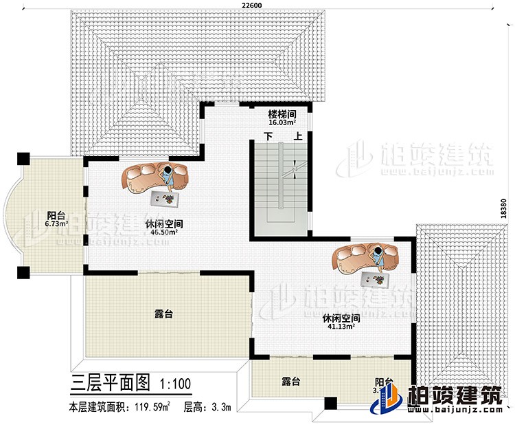 顶层：2休闲空间、2露台、2阳台、楼梯间