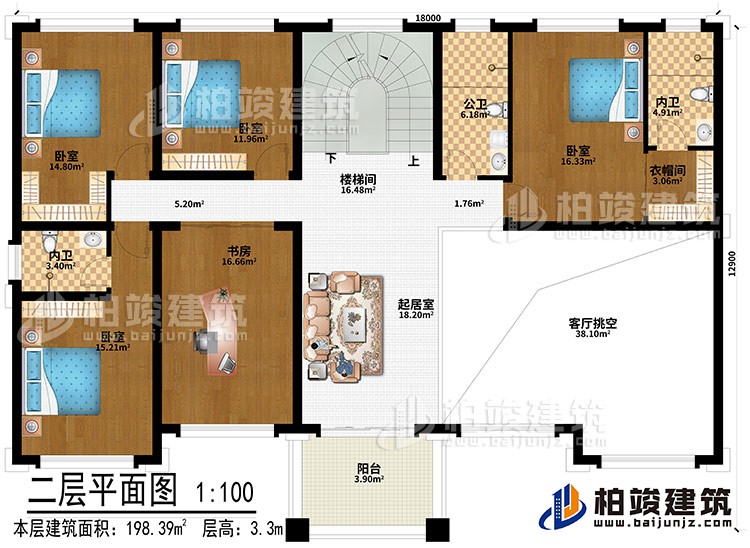 二层：起居室、客厅挑空、4卧室、书房、楼梯间、衣帽间、公卫、2内卫